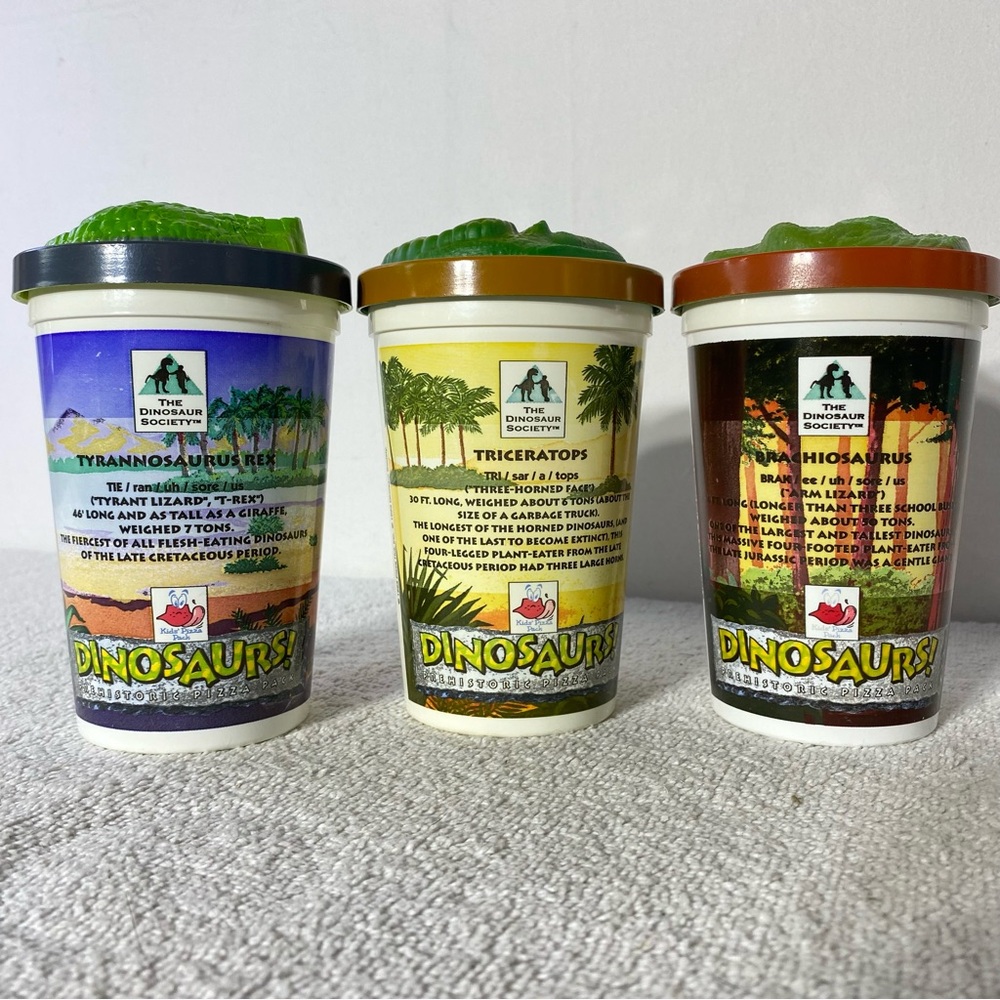 Vintage 90s Pizza Hut The Dinosaur Society Takeaway Souvenir Kids Cups W Lids